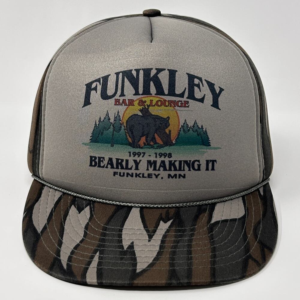 Vintage 90s Funkley Bar and Lounge Hat Baseball Cap Gray Camo Minnesota Snapback